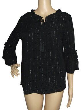 Defacto Blouse Womens XS Black Silver Metallic Peasant Keyhole boho top viscose